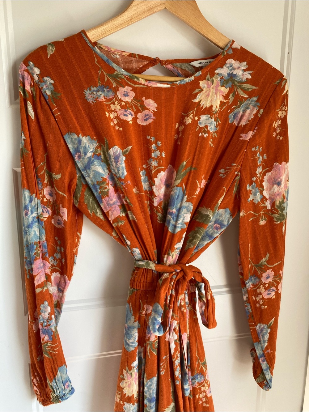 American Eagle Outfitters Orange Floral Mini Dress with Long Sleeves & Open Back